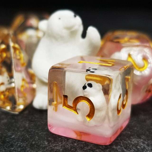 Sage's Baby Polar Bear Familiar Resin Polyhedral Dice Set - Sage's PortalResin Dice Set