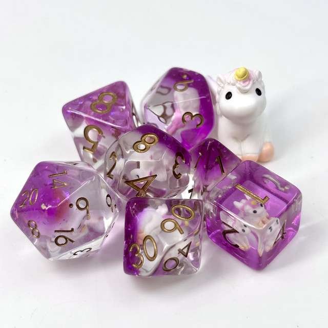 Sage's Baby Unicorn Familiar Resin Polyhedral Dice Set - Sage's PortalResin Dice Set