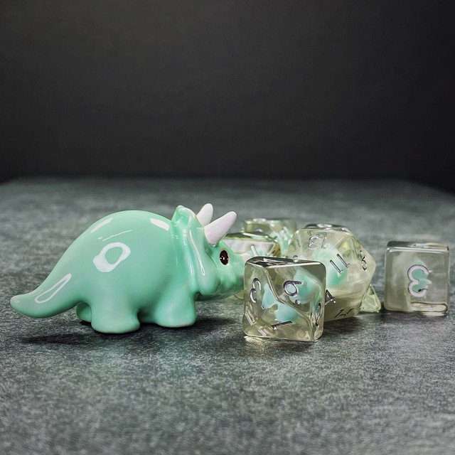 Sage's Blue T-Rex Familiar Resin Polyhedral Dice Set + Toy - Sage's PortalResin Dice Set