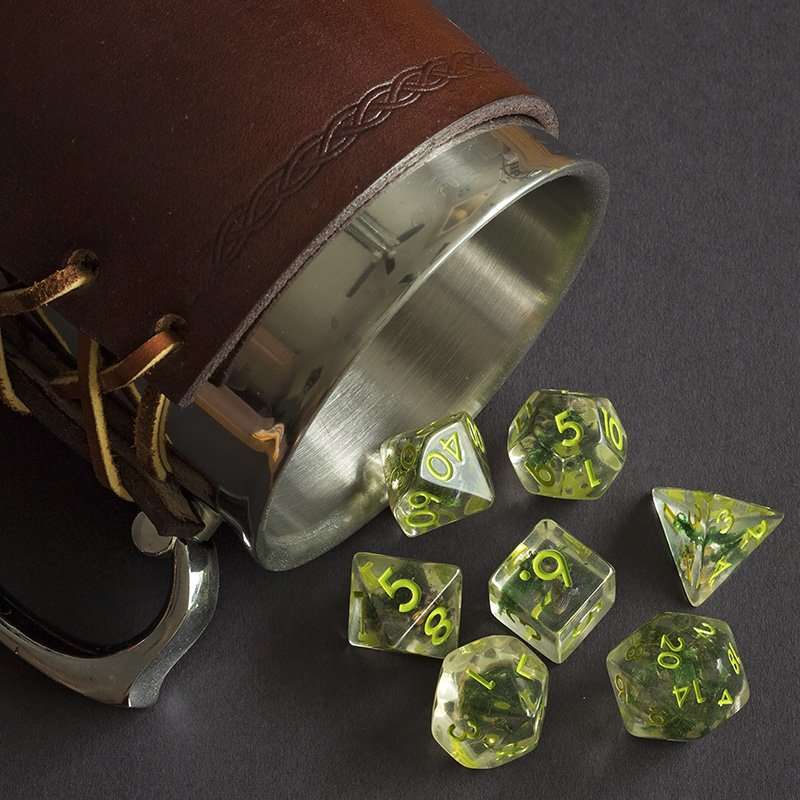 Sage's Cantrips - Green Moss Lavender Green Ink Resin Polyhedral Dice Set - Sage's PortalResin Dice Set