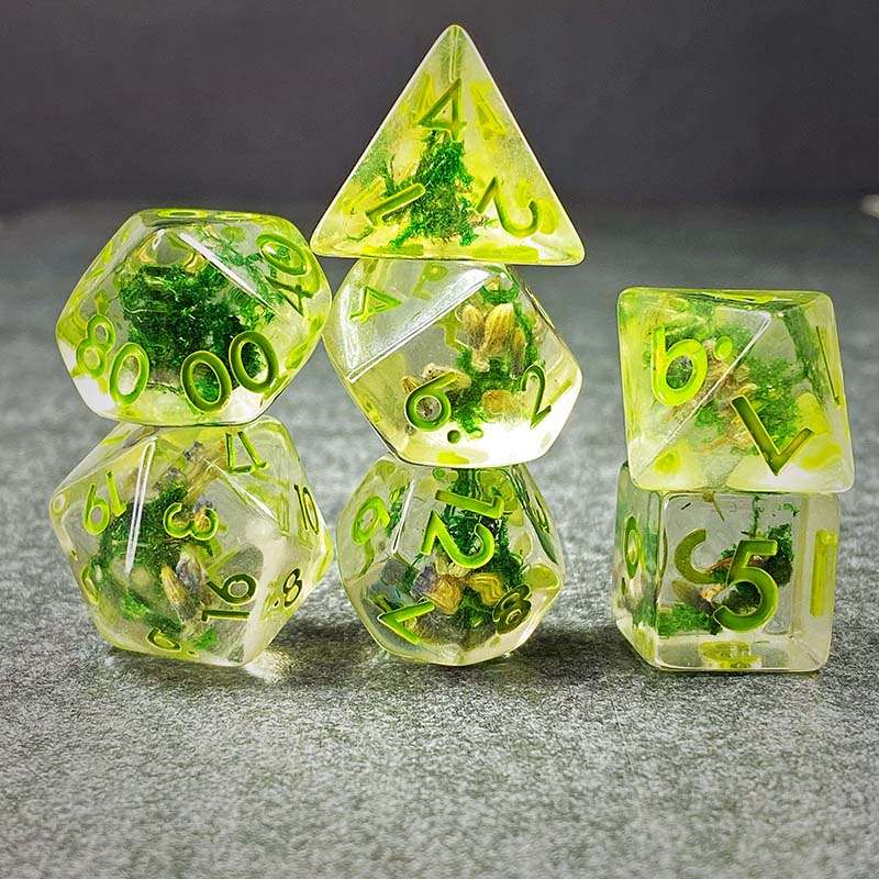 Sage's Cantrips - Green Moss Lavender Green Ink Resin Polyhedral Dice Set - Sage's PortalResin Dice Set