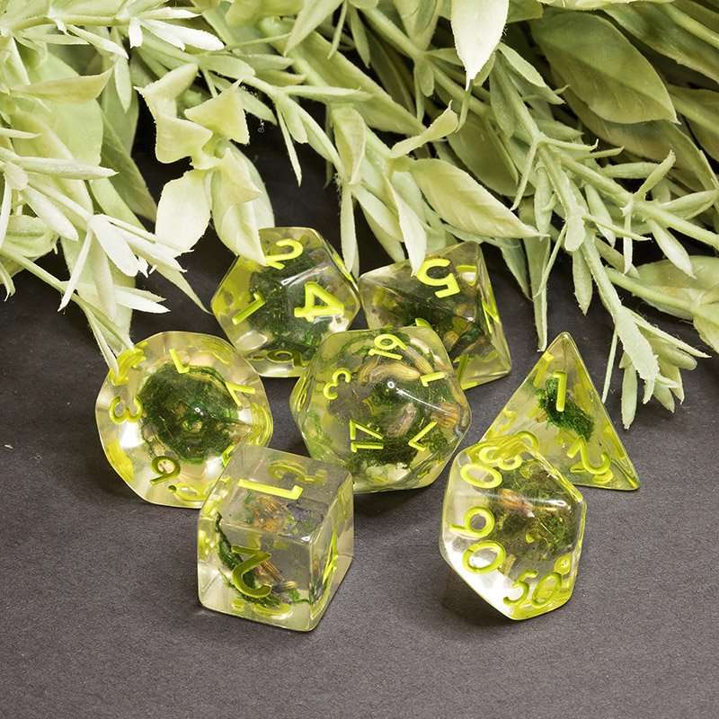 Sage's Cantrips - Green Moss Lavender Green Ink Resin Polyhedral Dice Set - Sage's PortalResin Dice Set