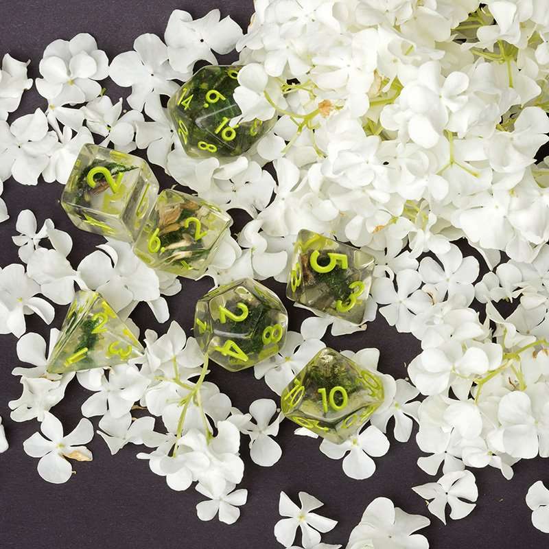 Sage's Cantrips - Green Moss Lavender Green Ink Resin Polyhedral Dice Set - Sage's PortalResin Dice Set