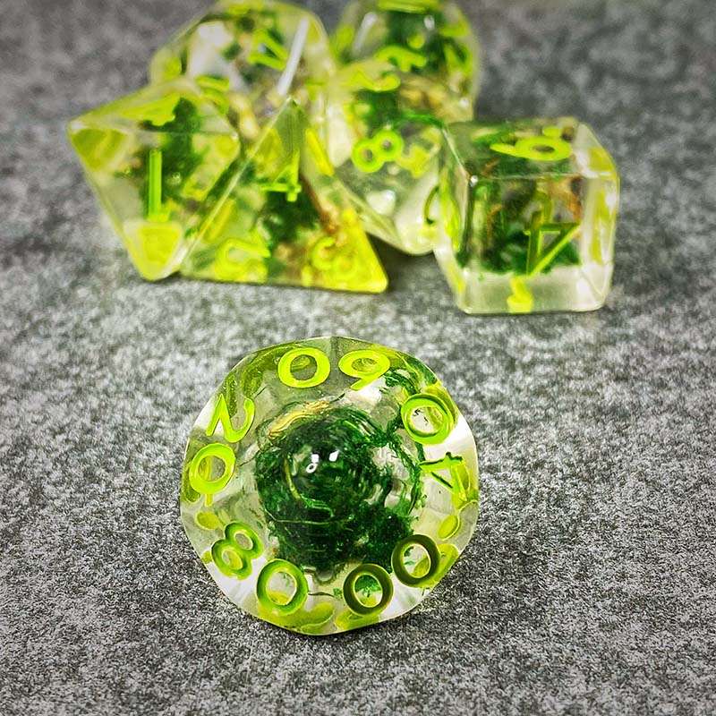 Sage's Cantrips - Green Moss Lavender Green Ink Resin Polyhedral Dice Set - Sage's PortalResin Dice Set