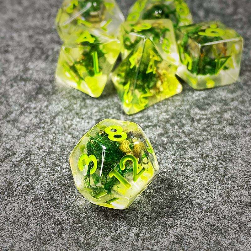 Sage's Cantrips - Green Moss Lavender Green Ink Resin Polyhedral Dice Set - Sage's PortalResin Dice Set