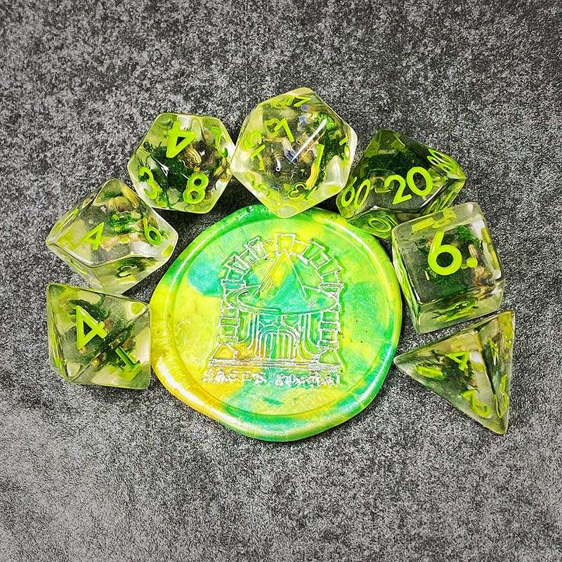 Sage's Cantrips - Green Moss Lavender Green Ink Resin Polyhedral Dice Set - Sage's PortalResin Dice Set