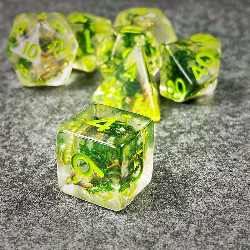 Sage's Cantrips - Green Moss Lavender Green Ink Resin Polyhedral Dice Set - Sage's PortalResin Dice Set