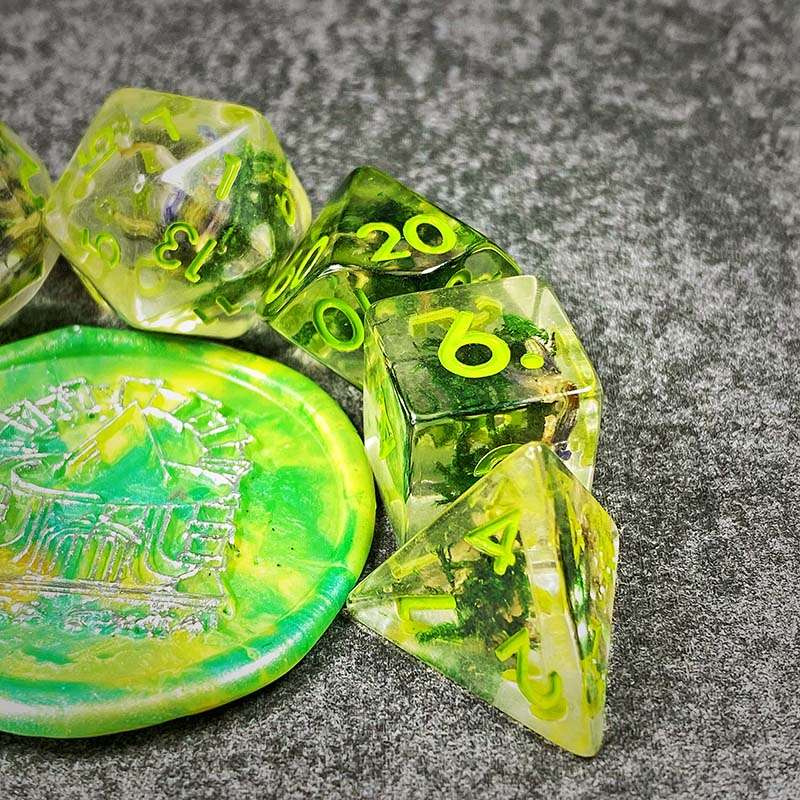Sage's Cantrips - Green Moss Lavender Green Ink Resin Polyhedral Dice Set - Sage's PortalResin Dice Set