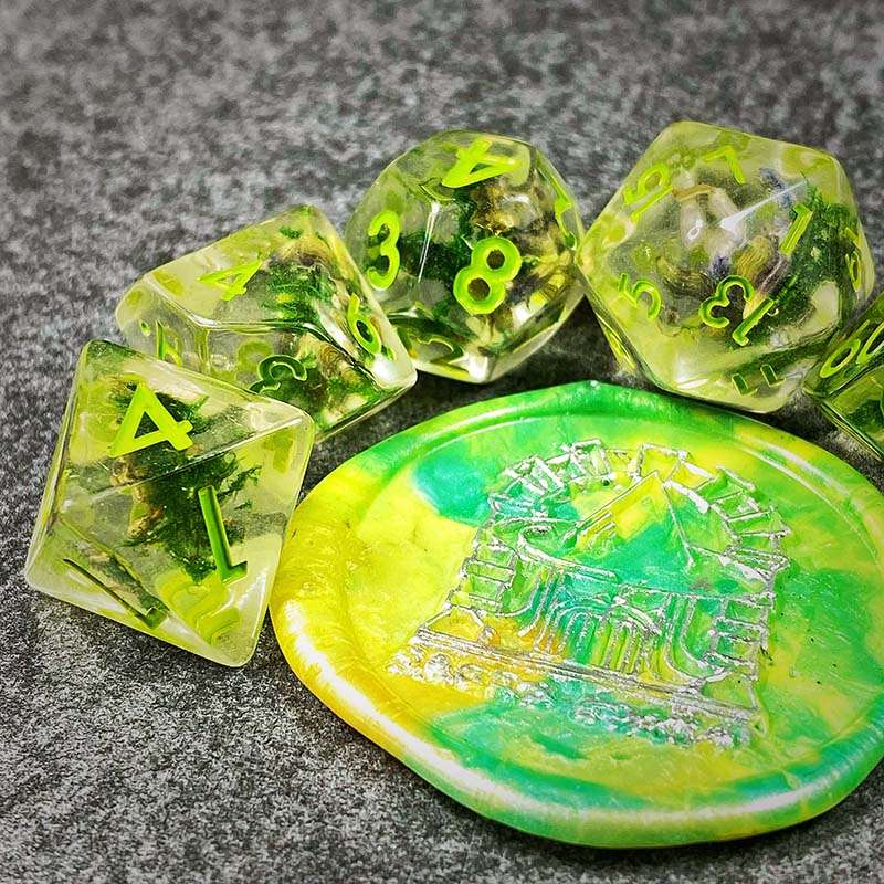 Sage's Cantrips - Green Moss Lavender Green Ink Resin Polyhedral Dice Set - Sage's PortalResin Dice Set