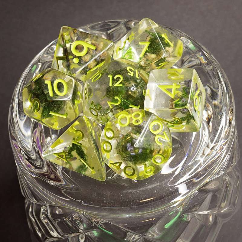 Sage's Cantrips - Green Moss Lavender Green Ink Resin Polyhedral Dice Set - Sage's PortalResin Dice Set