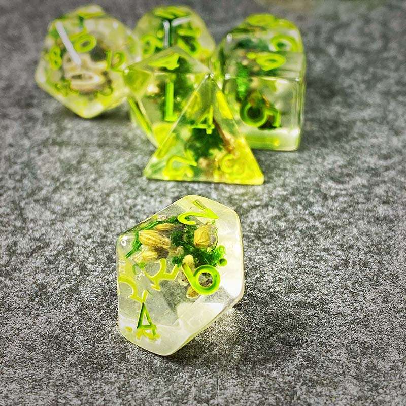 Sage's Cantrips - Green Moss Lavender Green Ink Resin Polyhedral Dice Set - Sage's PortalResin Dice Set
