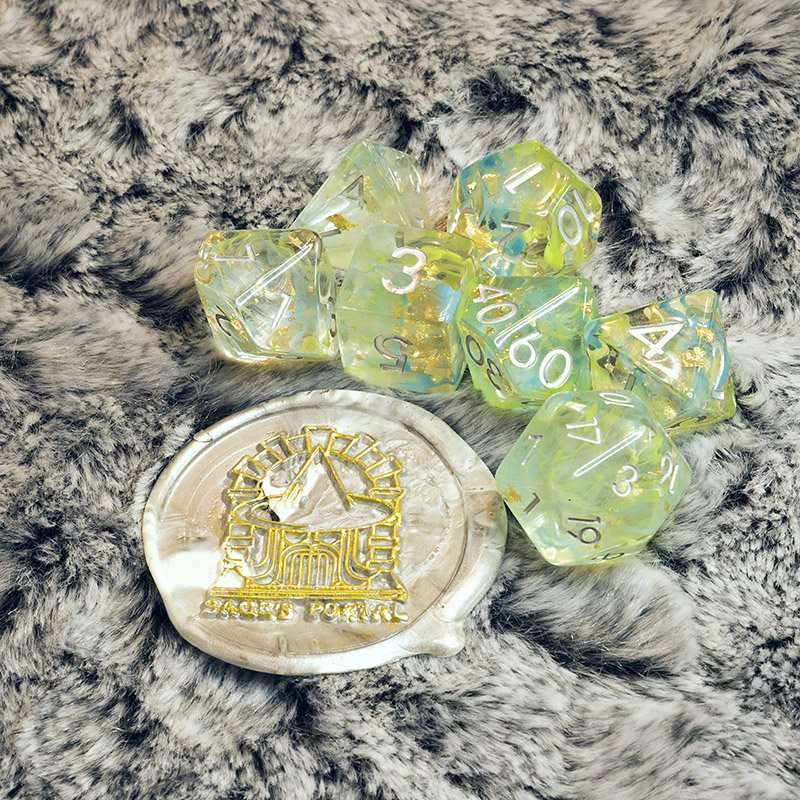 Sage's Cantrips - Green/Blue Swirl Gold Flakes Silver Ink Resin Polyhedral Dice Set - Sage's PortalResin Dice Set