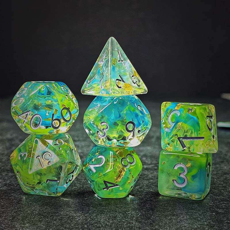 Sage's Cantrips - Green/Blue Swirl Gold Flakes Silver Ink Resin Polyhedral Dice Set - Sage's PortalResin Dice Set