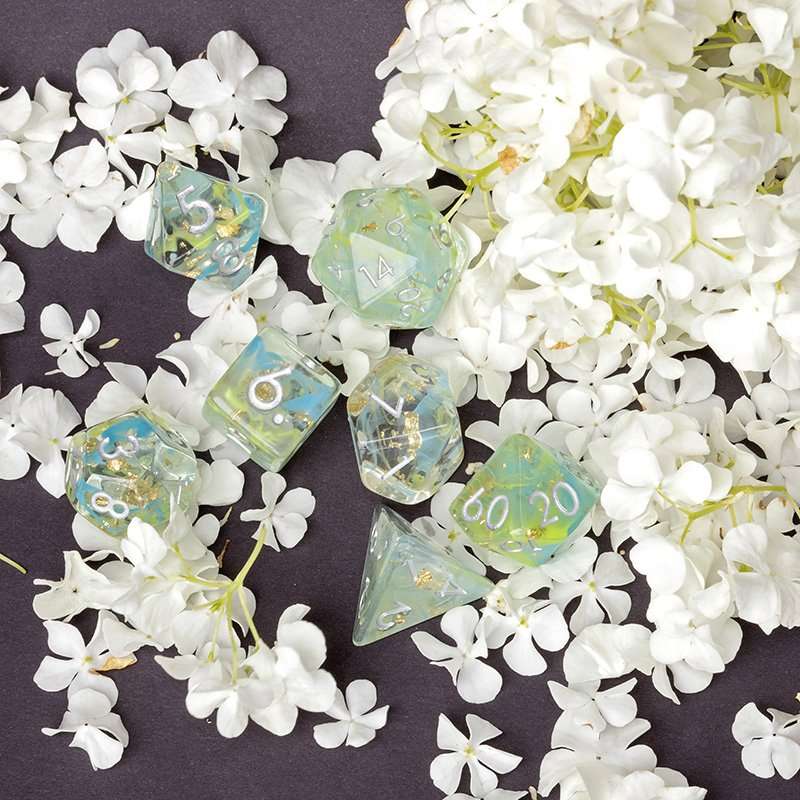 Sage's Cantrips - Green/Blue Swirl Gold Flakes Silver Ink Resin Polyhedral Dice Set - Sage's PortalResin Dice Set