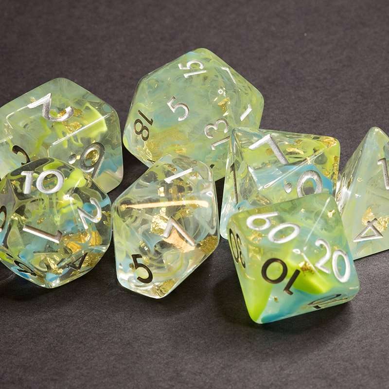 Sage's Cantrips - Green/Blue Swirl Gold Flakes Silver Ink Resin Polyhedral Dice Set - Sage's PortalResin Dice Set