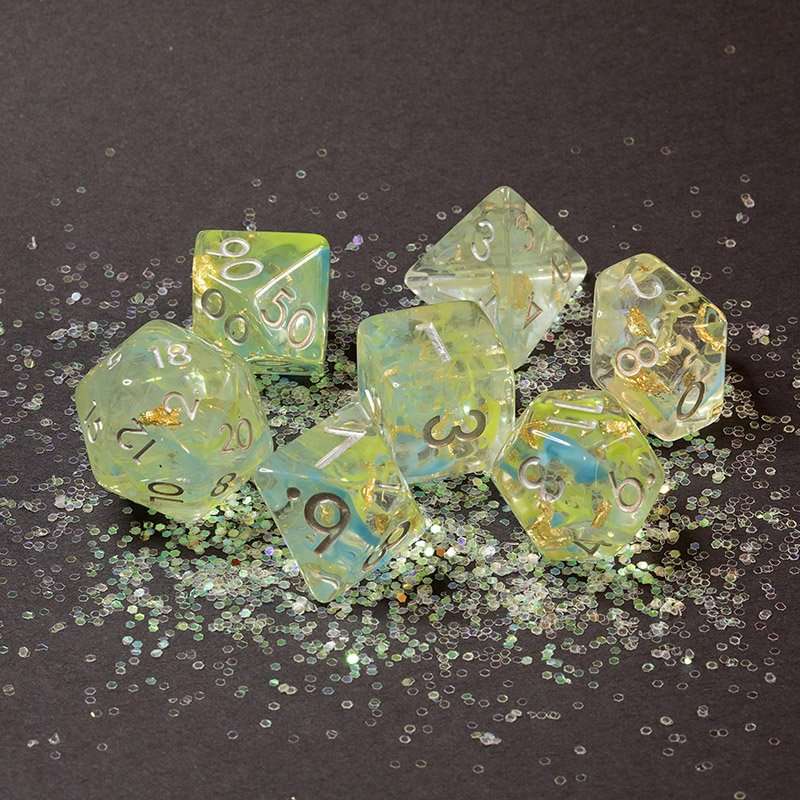 Sage's Cantrips - Green/Blue Swirl Gold Flakes Silver Ink Resin Polyhedral Dice Set - Sage's PortalResin Dice Set