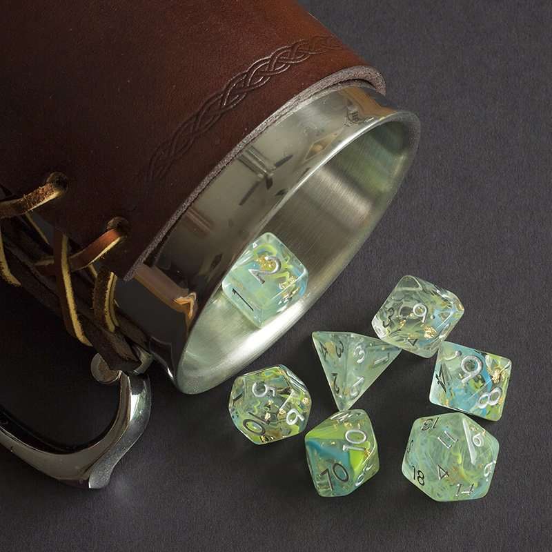 Sage's Cantrips - Green/Blue Swirl Gold Flakes Silver Ink Resin Polyhedral Dice Set - Sage's PortalResin Dice Set