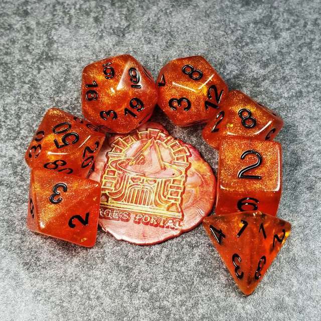 Sage’s Cantrips - Orange Glitter Gold Foil Black Ink Resin Polyhedral Dice Set - Sage's PortalResin Dice Set
