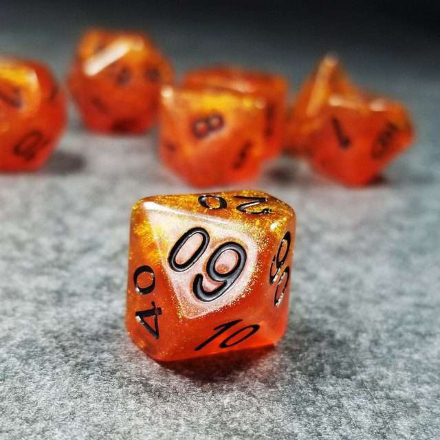 Sage’s Cantrips - Orange Glitter Gold Foil Black Ink Resin Polyhedral Dice Set - Sage's PortalResin Dice Set