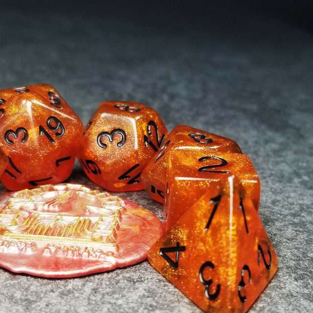 Sage’s Cantrips - Orange Glitter Gold Foil Black Ink Resin Polyhedral Dice Set - Sage's PortalResin Dice Set