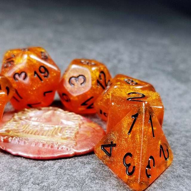 Sage’s Cantrips - Orange Glitter Gold Foil Black Ink Resin Polyhedral Dice Set - Sage's PortalResin Dice Set