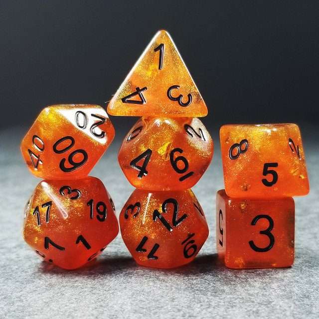 Sage’s Cantrips - Orange Glitter Gold Foil Black Ink Resin Polyhedral Dice Set - Sage's PortalResin Dice Set