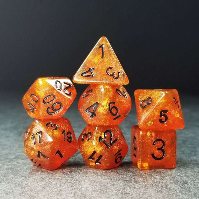 Sage’s Cantrips - Orange Glitter Gold Foil Black Ink Resin Polyhedral Dice Set - Sage's PortalResin Dice Set