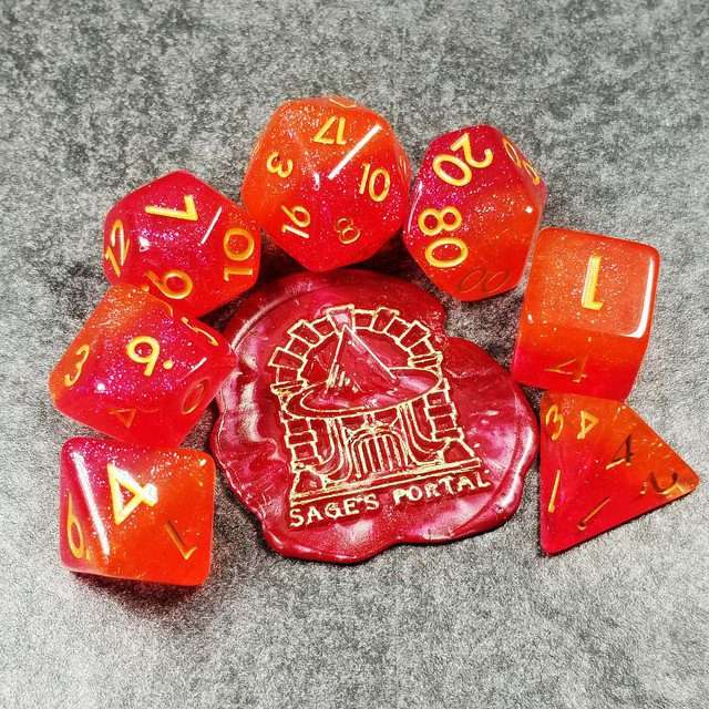 Sage’s Cantrips - Orange/Red Glitter Resin Polyhedral Dice Set - Sage's PortalResin Dice Set