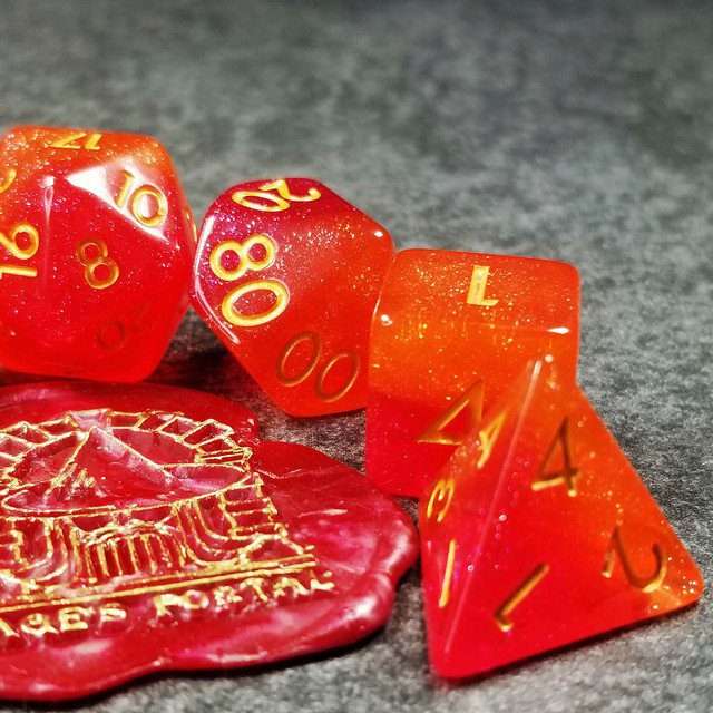 Sage’s Cantrips - Orange/Red Glitter Resin Polyhedral Dice Set - Sage's PortalResin Dice Set