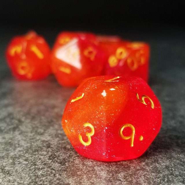 Sage’s Cantrips - Orange/Red Glitter Resin Polyhedral Dice Set - Sage's PortalResin Dice Set