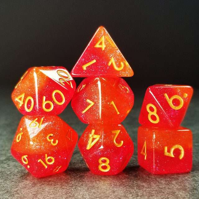 Sage’s Cantrips - Orange/Red Glitter Resin Polyhedral Dice Set - Sage's PortalResin Dice Set