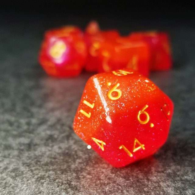 Sage’s Cantrips - Orange/Red Glitter Resin Polyhedral Dice Set - Sage's PortalResin Dice Set