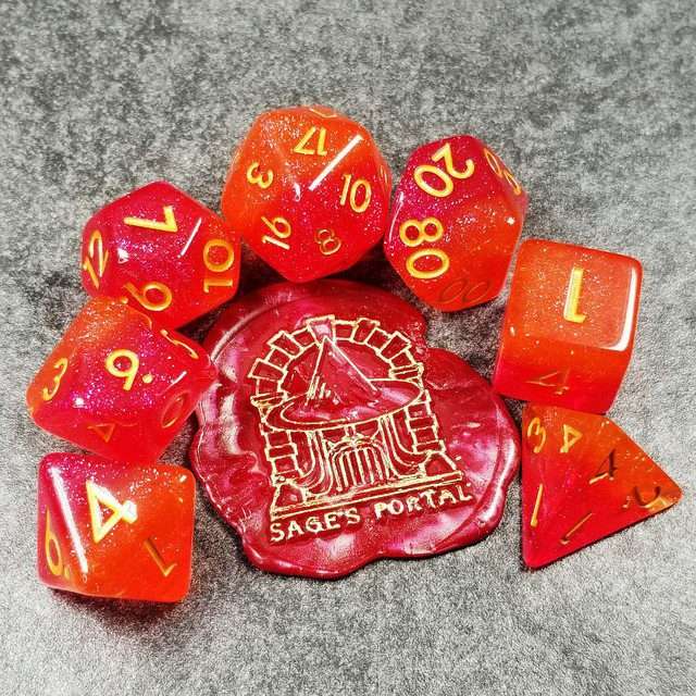 Sage’s Cantrips - Orange/Red Glitter Resin Polyhedral Dice Set - Sage's PortalResin Dice Set