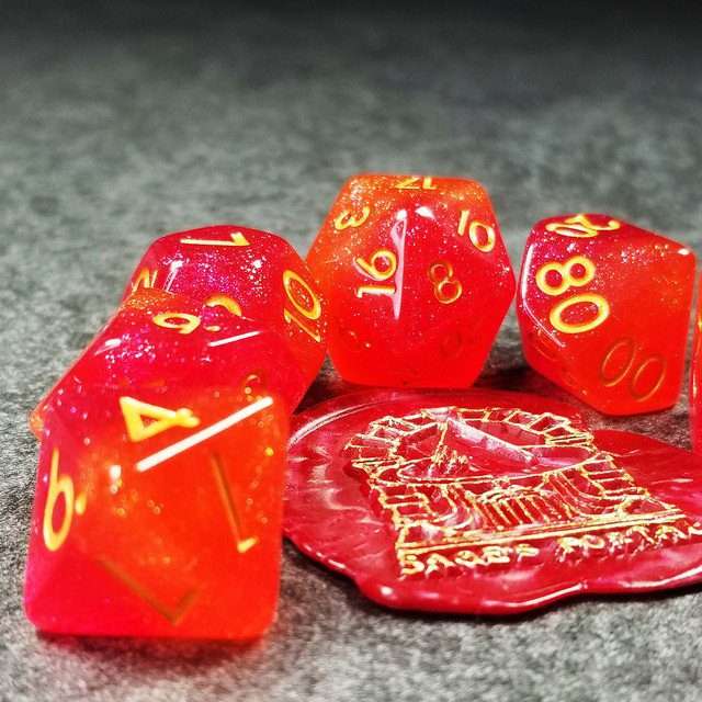Sage’s Cantrips - Orange/Red Glitter Resin Polyhedral Dice Set - Sage's PortalResin Dice Set