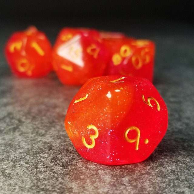 Sage’s Cantrips - Orange/Red Glitter Resin Polyhedral Dice Set - Sage's PortalResin Dice Set