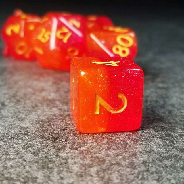 Sage’s Cantrips - Orange/Red Glitter Resin Polyhedral Dice Set - Sage's PortalResin Dice Set