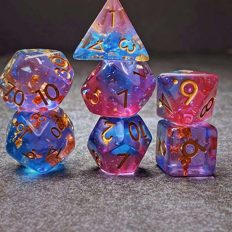 Sage's Cantrips - PInk/Blue Glitter Foil Resin Polyhedral Dice Set - Sage's PortalResin Dice Set