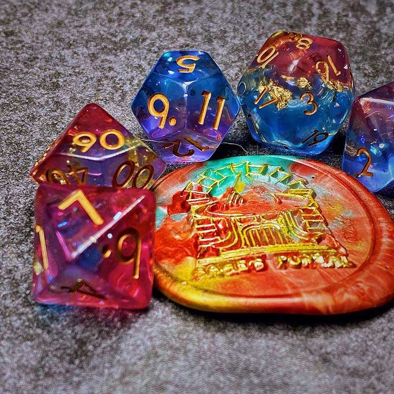 Sage's Cantrips - PInk/Blue Glitter Foil Resin Polyhedral Dice Set - Sage's PortalResin Dice Set