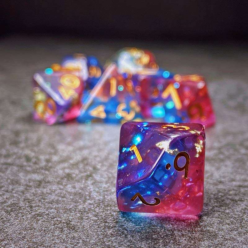 Sage's Cantrips - PInk/Blue Glitter Foil Resin Polyhedral Dice Set - Sage's PortalResin Dice Set
