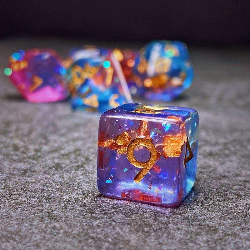 Sage's Cantrips - PInk/Blue Glitter Foil Resin Polyhedral Dice Set - Sage's PortalResin Dice Set