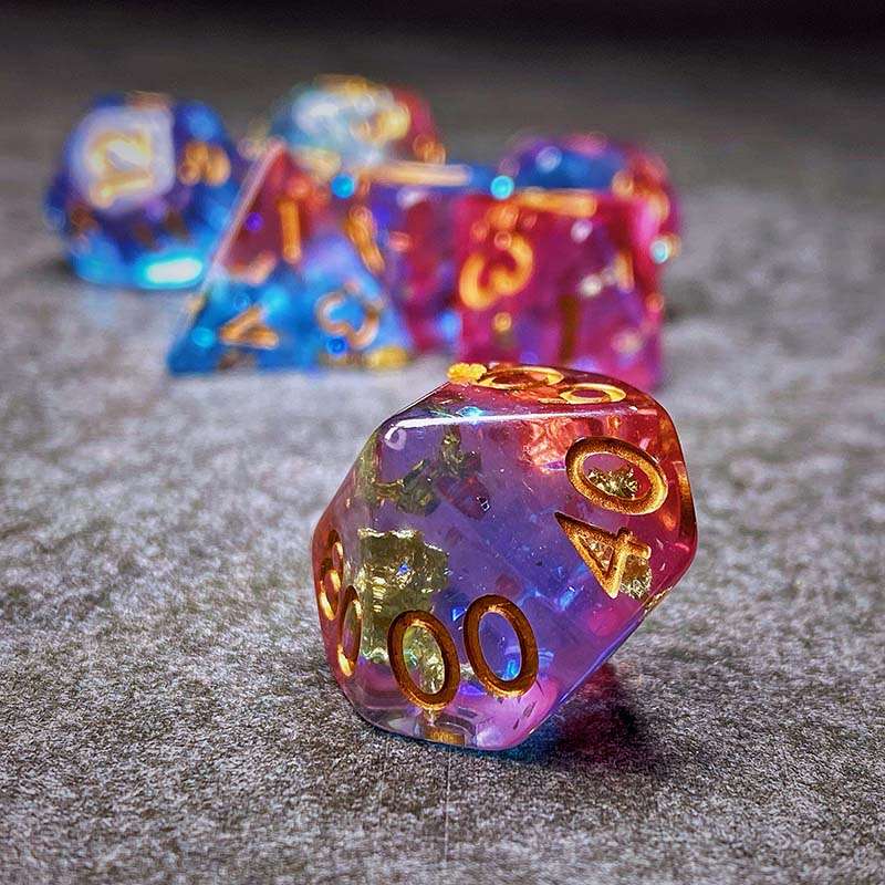 Sage's Cantrips - PInk/Blue Glitter Foil Resin Polyhedral Dice Set - Sage's PortalResin Dice Set