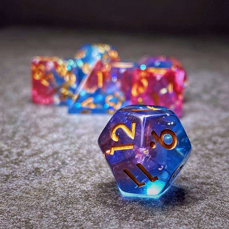Sage's Cantrips - PInk/Blue Glitter Foil Resin Polyhedral Dice Set - Sage's PortalResin Dice Set