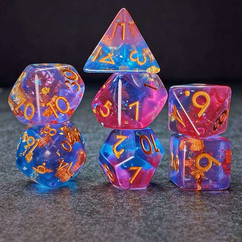 Sage's Cantrips - PInk/Blue Glitter Foil Resin Polyhedral Dice Set - Sage's PortalResin Dice Set
