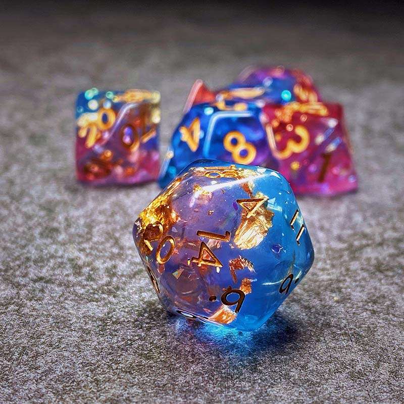 Sage's Cantrips - PInk/Blue Glitter Foil Resin Polyhedral Dice Set - Sage's PortalResin Dice Set