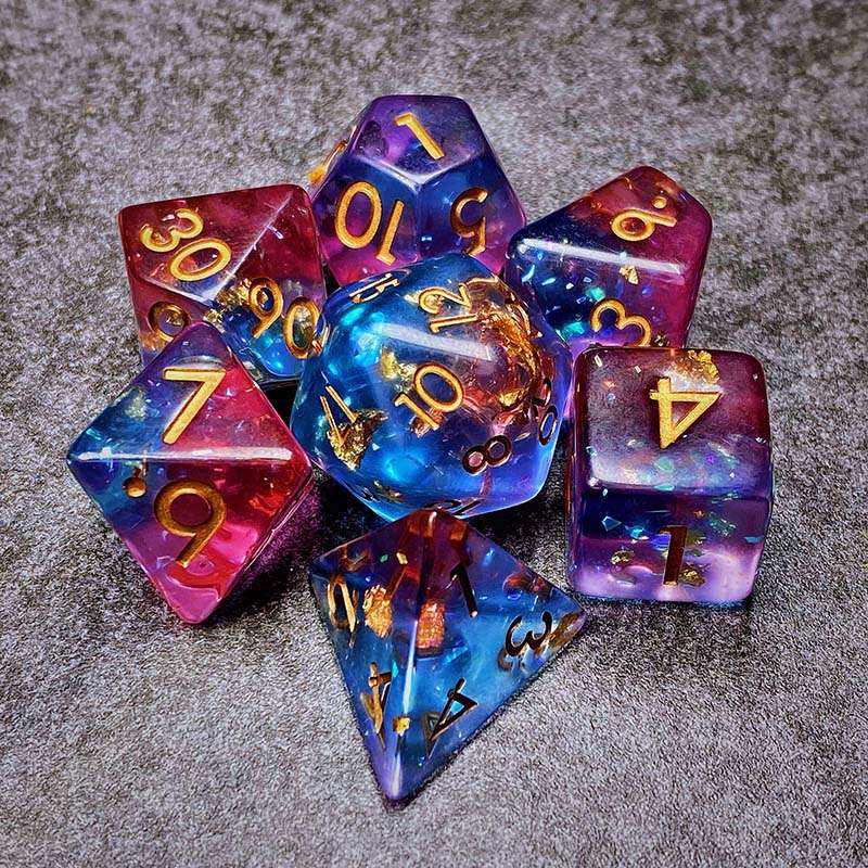Sage's Cantrips - PInk/Blue Glitter Foil Resin Polyhedral Dice Set - Sage's PortalResin Dice Set