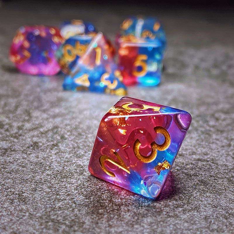 Sage's Cantrips - PInk/Blue Glitter Foil Resin Polyhedral Dice Set - Sage's PortalResin Dice Set