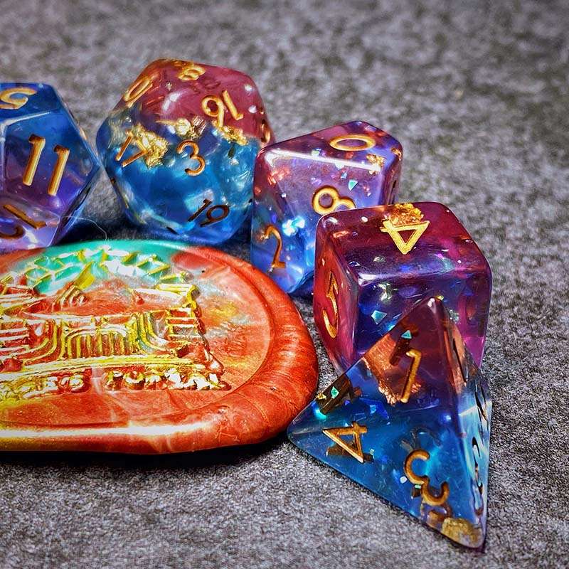 Sage's Cantrips - PInk/Blue Glitter Foil Resin Polyhedral Dice Set - Sage's PortalResin Dice Set