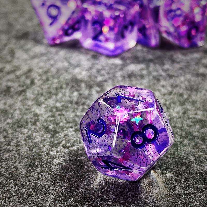 Sage's Cantrips - Purple Stars and Purple Ink Resin Polyhedral Dice Set - Sage's PortalResin Dice Set