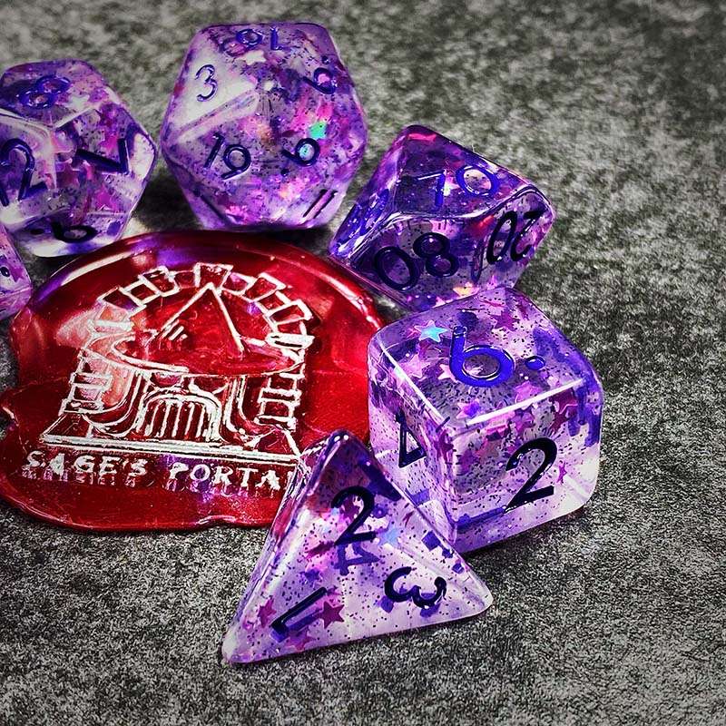 Sage's Cantrips - Purple Stars and Purple Ink Resin Polyhedral Dice Set - Sage's PortalResin Dice Set