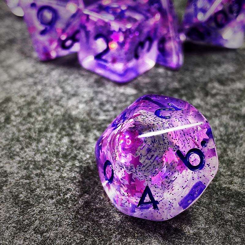 Sage's Cantrips - Purple Stars and Purple Ink Resin Polyhedral Dice Set - Sage's PortalResin Dice Set